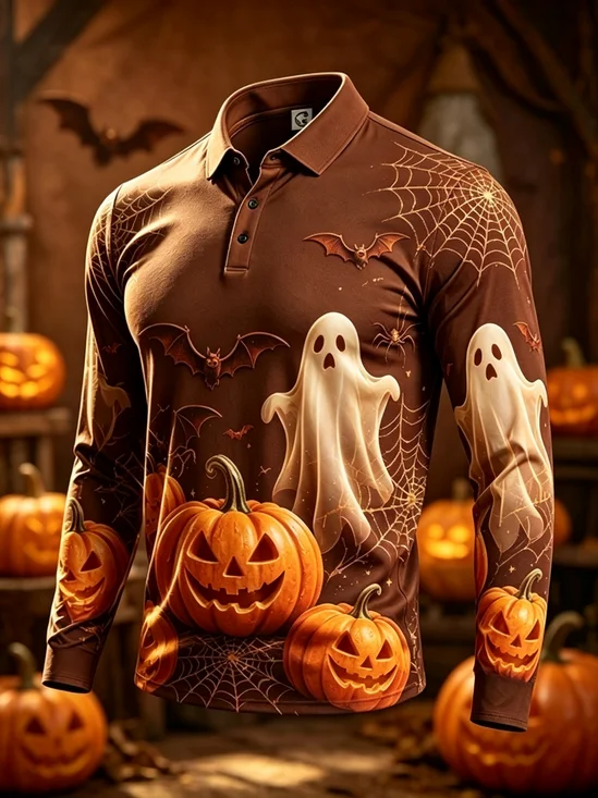 Moisture-Wicking Gradient Halloween Print Ghosts Pumpkins Spiderwebs Bats Long-Sleeve Hawaiian Golf Polo