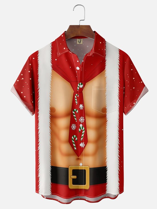 Moisture-Wicking Gradient Christmas-Themed  Candy Cane & Snowflake Print  Chest Pocket Hawaiian Shirt