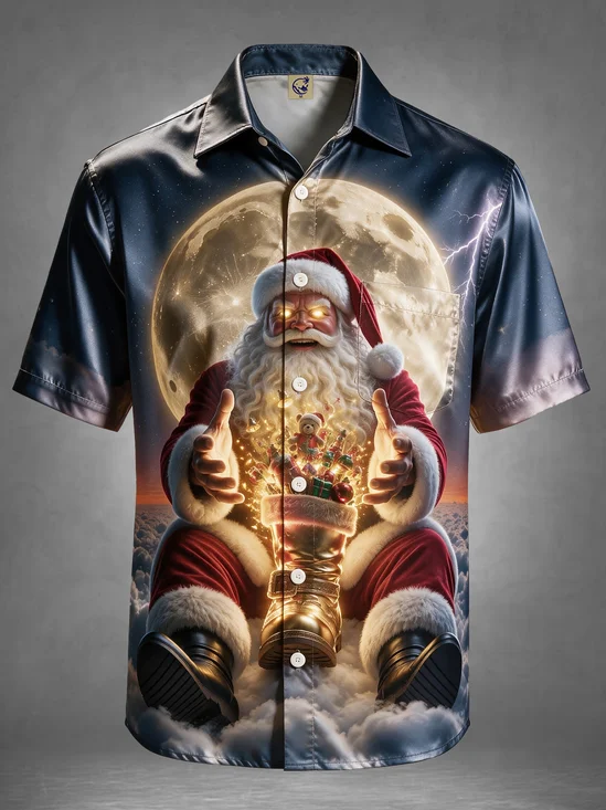 Breathable Silk Satin Novelty Dark Christmas Mystic Santa Clouds Moon Gift Stocking Chest Pocket Holiday Hawaiian Shirt