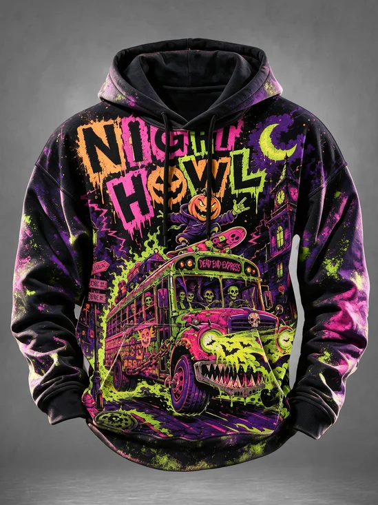 Halloween "Night Howl" Neon Punk Monster School Bus Skateboarding Pumpkin Kangaroo-Pocket Hoodie Sweatshirt