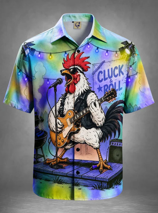 Moisture-Wicking Funny Sunglasses Leather Vest "Cluck & Roll" Rocker Rooster Electric Guitar Stage Chest Pocket Hawaiian Shirt
