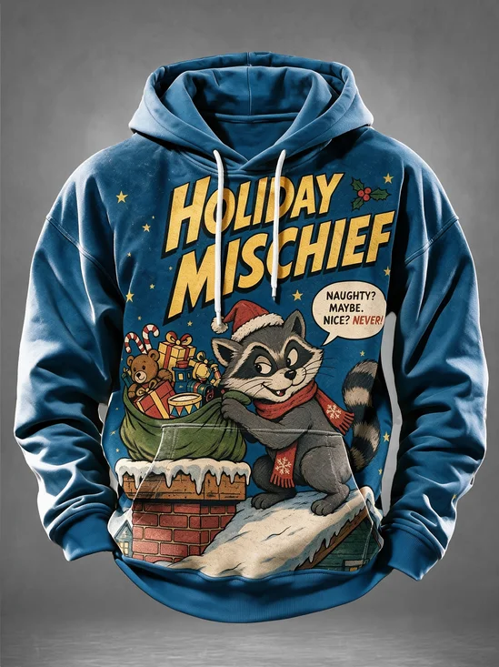 Vintage Comic Christmas Cartoon “Holiday Mischief” Naughty Raccoon Chimney Gift‑Sack  Kangaroo-Pocket Hoodie Sweatshirt