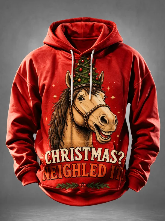 Funny Horse Slogan"Christmas? Neighled It" Christmas Tree Hat Kangaroo-Pocket Hoodie Sweatshirt
