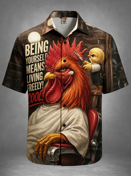 Moisture-Wicking "Being Yourself" Vintage Funny Barbershop Rooster Chick Haircut Chest Pocket Hawaiian Shirt