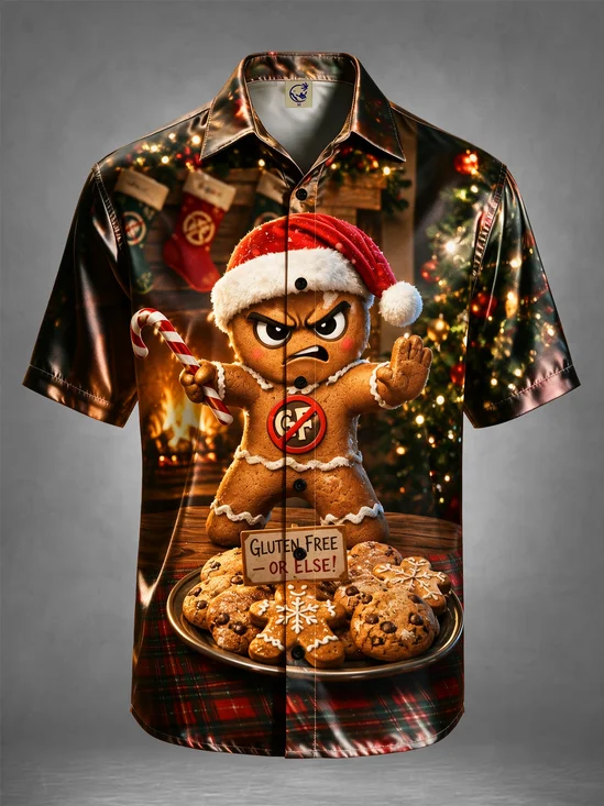 Breathable Silk Satin Humor Novelty Ugly Christmas Gingerbread "Gluten Free Or Else" Holiday Hawaiian Shirt
