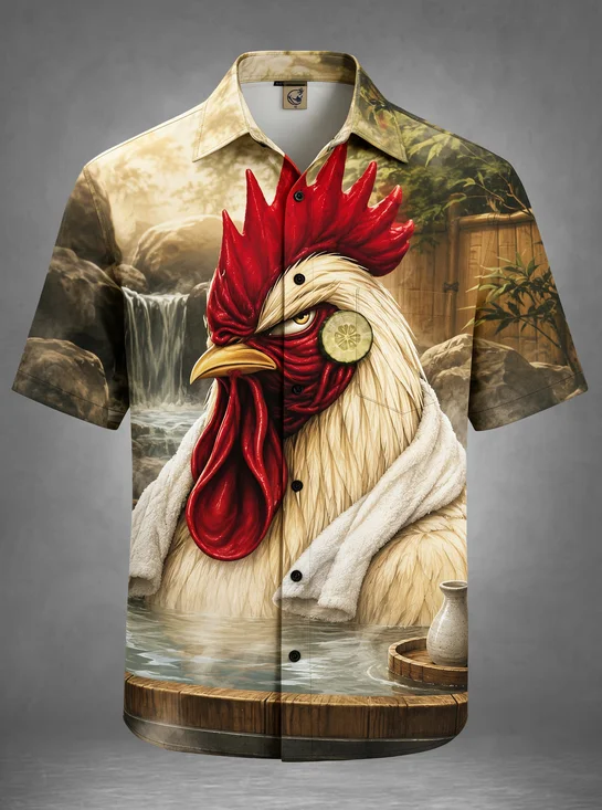 Moisture-Wicking Funny Zen Rooster Spa‑Day Hot Tub Onsen Cucumber Bamboo‑Fence Chest Pocket Hawaiian Shirt