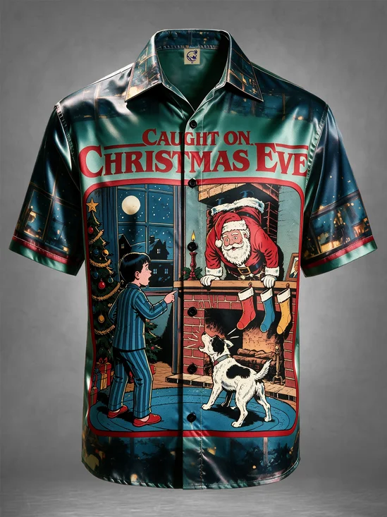 Breathable Silk Satin"Caught On Christmas Eve" Vintage Comic Santa In Chimney Boy & Dog Holiday Hawaiian Shirt