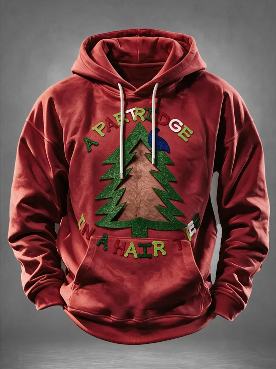 Christmas Tree "A Partridge In A Hair Tree" Funny Chest‑Hair Pun Ugly Christmas Kangaroo-Pocket Hoodie Sweatshirt