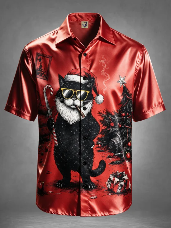 Breathable Silk Satin Ugly Christmas Swagger Cat Quirky Sunglasses Cigar Candy Cane Holiday Hawaiian Shirt