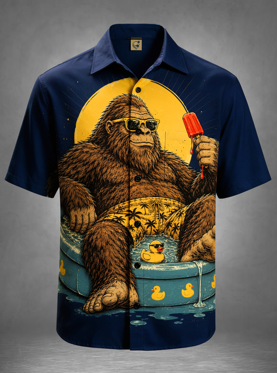 Moisture-Wicking Summer Sunglasses Tropical Bigfoot Pool Rubber Ducks Popsicle Chest Pocket Hawaiian Shirt