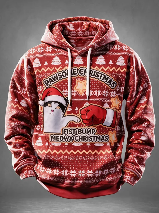 Funny Cat Santa Hat Fist Bump Graphic Santa Ugly Christmas Kangaroo-Pocket Hoodie Sweatshirt