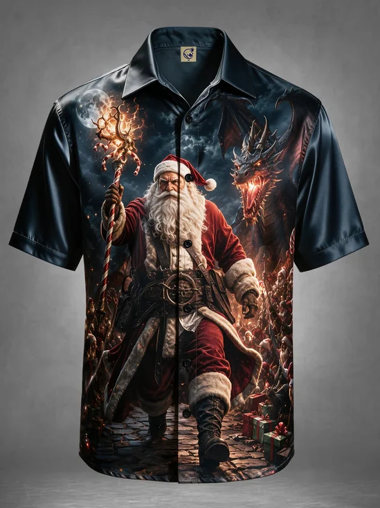 Breathable Silk Satin Novelty Dark Fantasy Christmas Santa & Dinosaur Magic Scepter Holiday Hawaiian Shirt