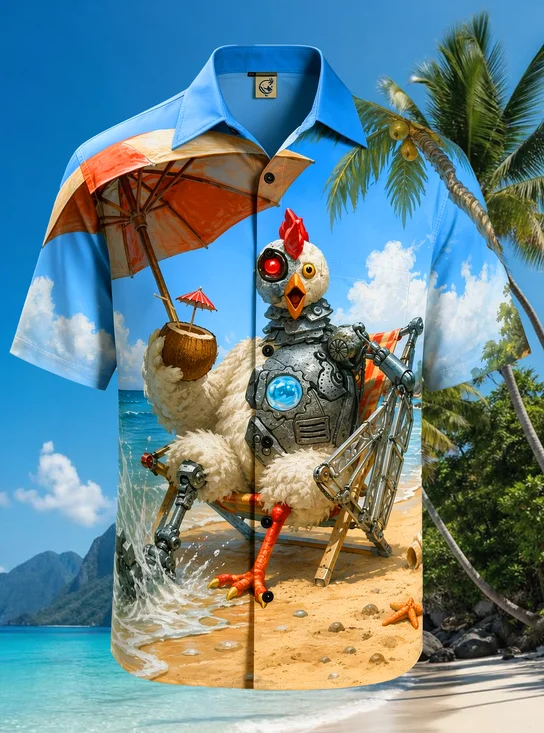 Moisture-Wicking Sci‑Fi Funny Robot Rooster Beach Vacation Deck Chair Coconut Tropical Chest Pocket Hawaiian Shirt