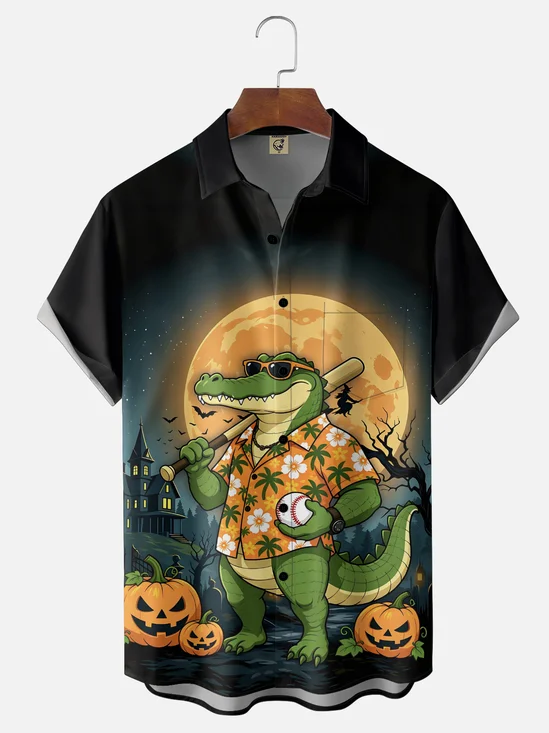 Moisture-Wicking Gradient Halloween-Themed Featuring Alligators Baseball Bats Pumpkins  Castles  Chest Pocket Hawaiian Shirt