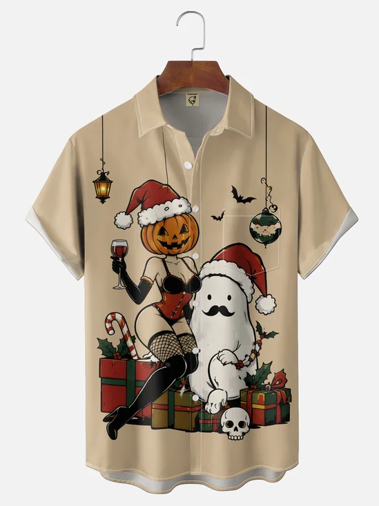 Moisture-Wicking Halloween Ghost & Pumpkin Christmas Girl Chest-Pocket Hawaiian Shirt