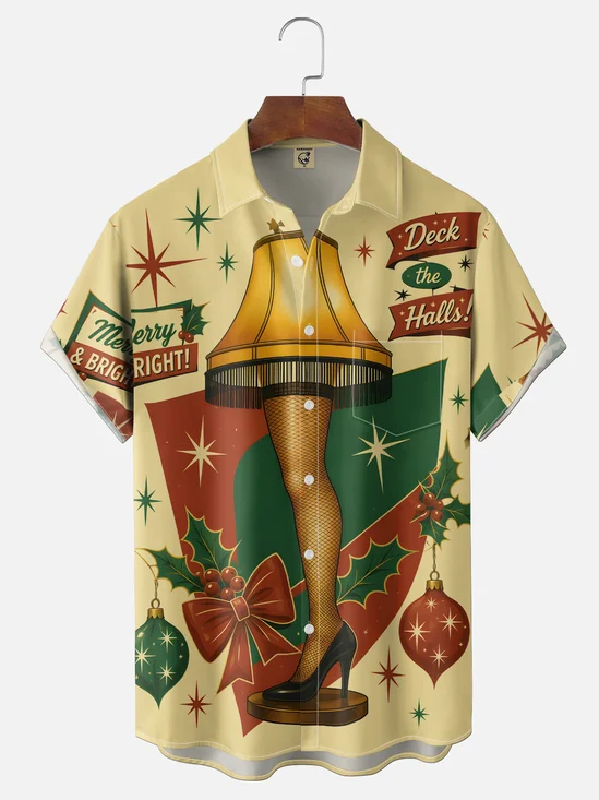 Moisture-Wicking "Merry Christmas" Leg-Lamp Chest Pocket Hawaiian Shirt