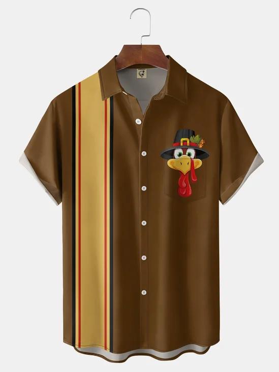 Moisture-Wicking "Happy Thanksgiving" Turkey Chest Pocket Bowling Shirt