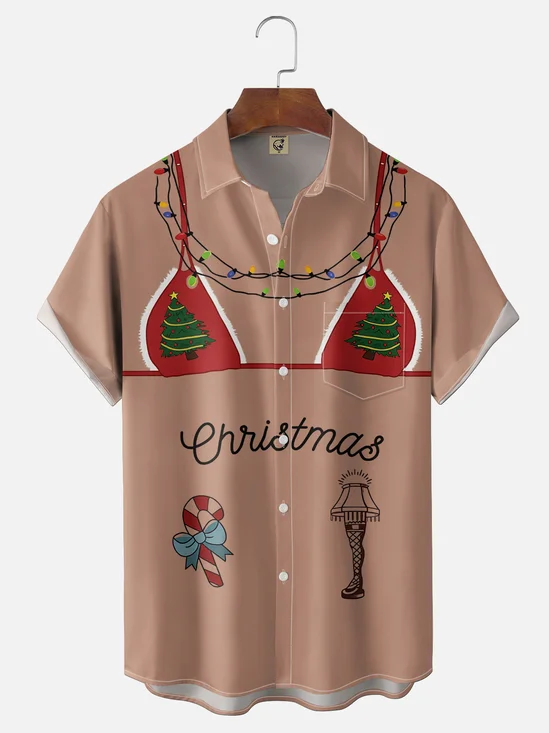 Moisture-Wicking "Merry Christmas" Ugly Christmas  Chest Pocket Hawaiian Shirt