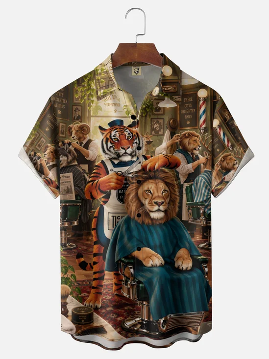 Moisture-Wicking  Fun Tiger Barber Lion Chest Pocket Hawaiian Shirt