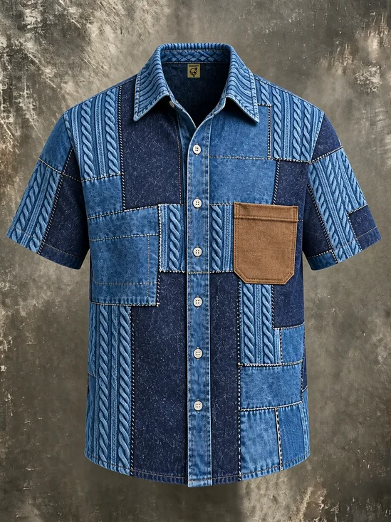 Moisture-wicking Geometric Patchwork Denim Print Chest Pocket Casual Shirt