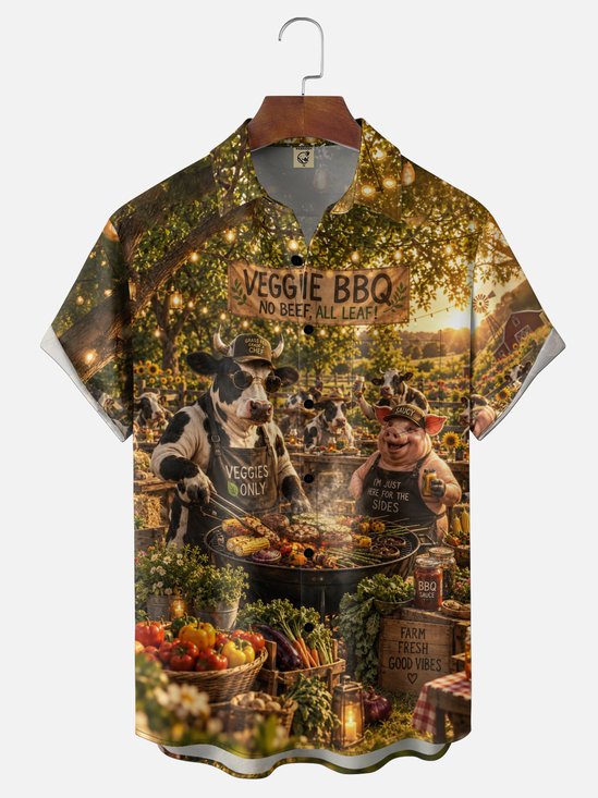 Moisture-Wicking  Fun Cow & Pig BBQ Master Chest Pocket Hawaiian Shirt
