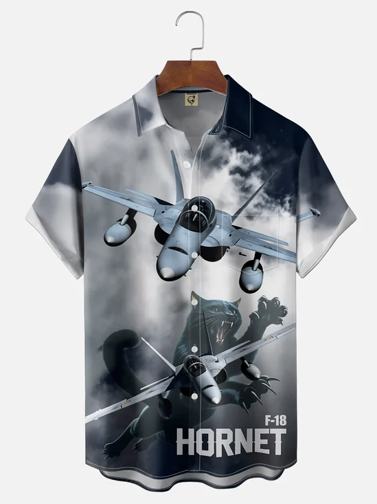Moisture-Wicking F/A-18 "Hornet" Fighter Jet "Black Cat" Chest-Pocket Hawaiian Shirt
