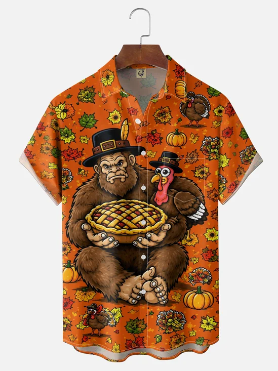Moisture-Wicking "Happy Thanksgiving" Bigfoot with Turkey & Pie Chest-Pocket Hawaiian Shirt