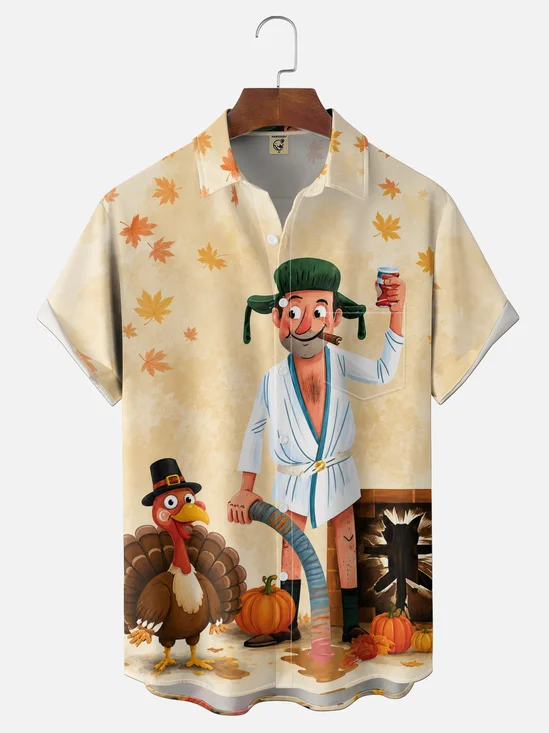 Moisture-Wicking "Happy Thanksgiving Turkey Eddie"  Chest Pocket Hawaiian Shirt