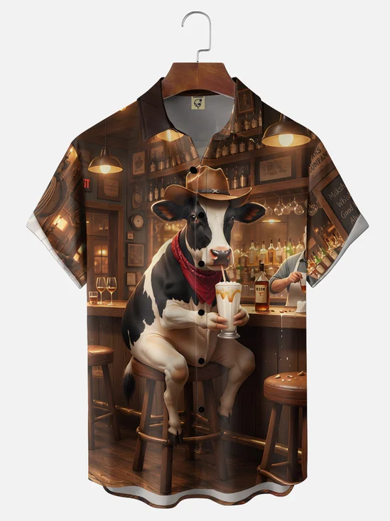 Moisture-Wicking Fun Bar Cow Chest Pocket Hawaiian Shirt