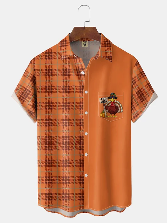 Moisture-Wicking "Happy Thanksgiving" Plaid Turkey Chest-Pocket Hawaiian Shirt