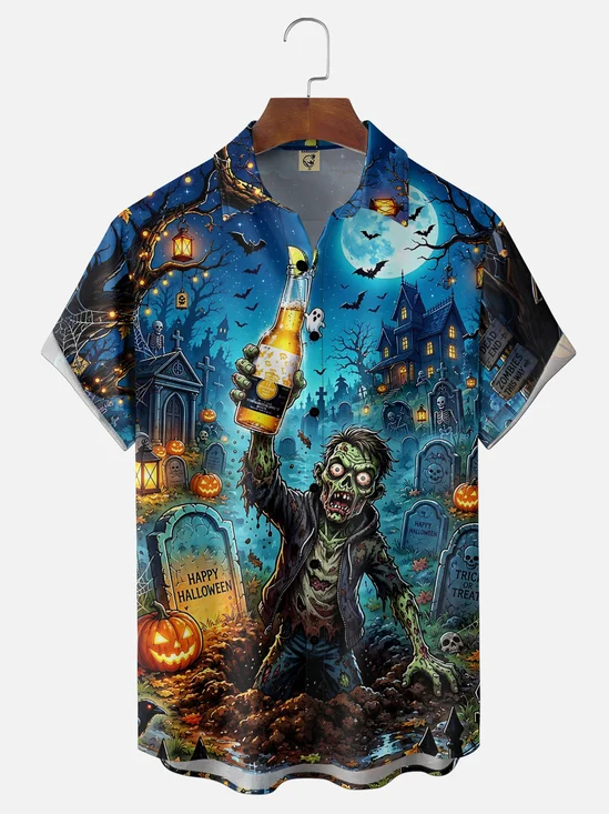 Moisture-Wicking Halloween Pumpkin Zombie Beer Pocket Hawaiian Shirt