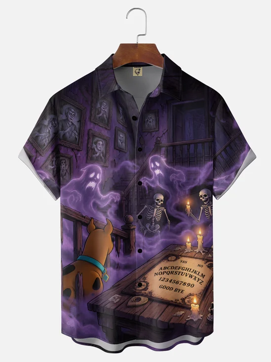 Moisture-Wicking Halloween Ghost Skull Haunted House Dog Chest Pocket  Hawaiian Shirt