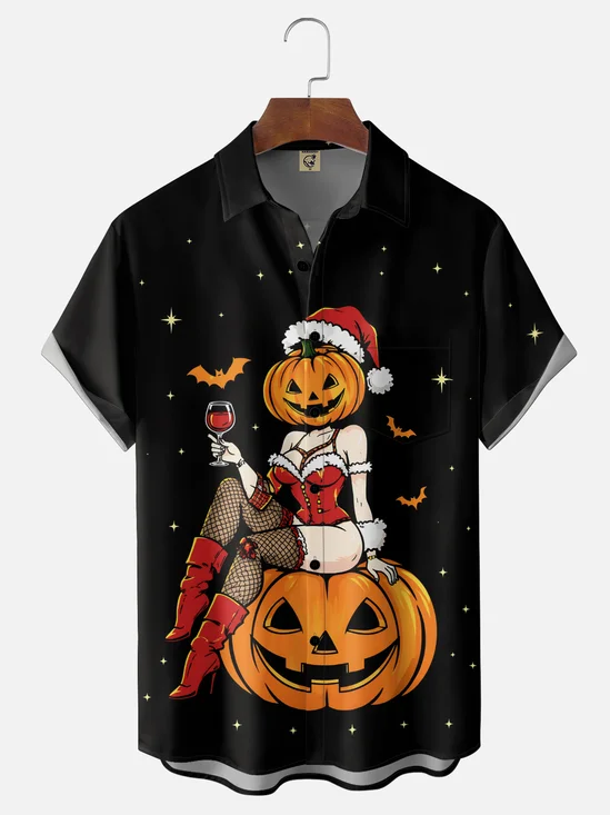 Moisture-Wicking Halloween Pumpkin Bat Christmas Girl Chest-Pocket Hawaiian Shirt