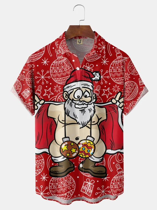 Moisture-Wicking "Merry Christmas" Ugly Santa Chest Pocket Hawaiian Shirt