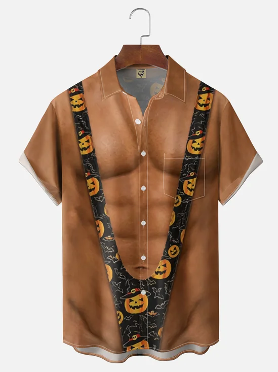 Moisture-Wicking Halloween "Ugly Outfit"  Chest Pocket Hawaiian Shirt