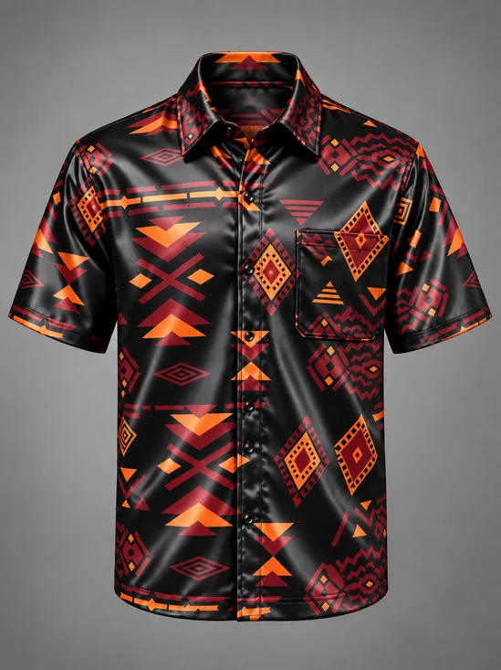 Silk Satin Breathable Ethnic Geometric Chest Pocket Business Shirt
