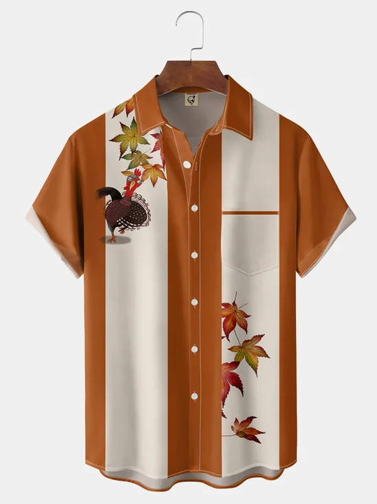 Moisture-Wicking "Happy Thanksgiving" Maple Leaf  Turkey Chest Pocket Bowling Shirt