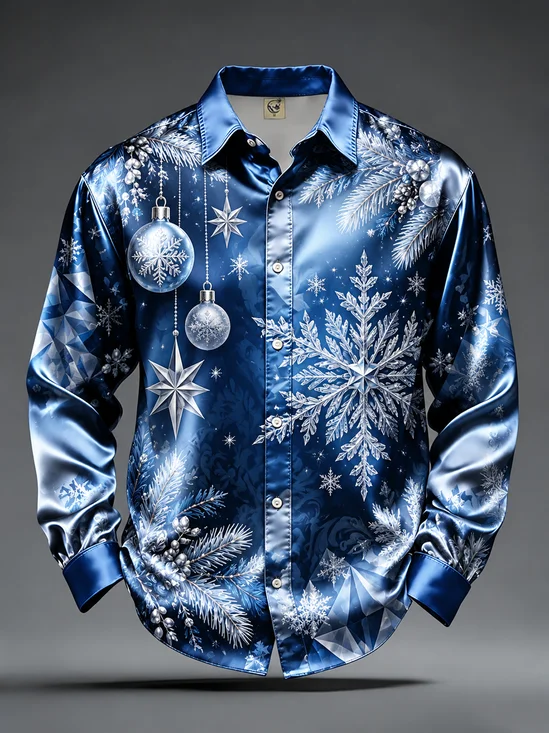 Breathable Silk Satin Christmas Snowflake Long-Sleeve Casual Shirt