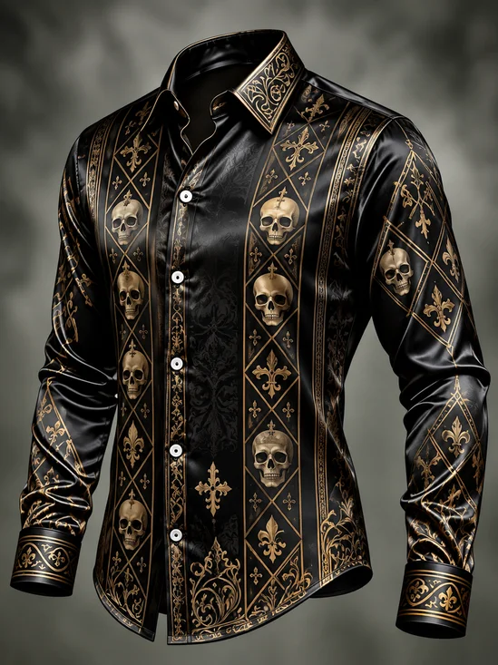 Breathable Silk Satin  Day of the Dead Theme Stripes Foliage Skulls Casual Long-Sleeve Shirt