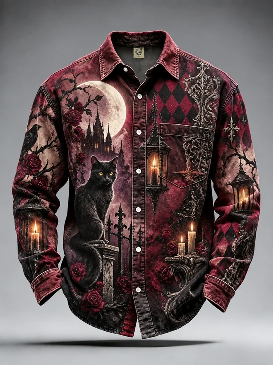 Moisture-Wicking Halloween Black Cat Rose Castle Graphic Chest-Pocket Casual Long-Sleeve Shirt