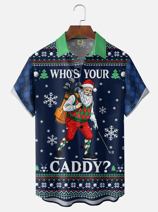 Moisture-Wicking Gradient Christmas Santa & Snowflake Print Chest Pocket  Hawaiian Shirt