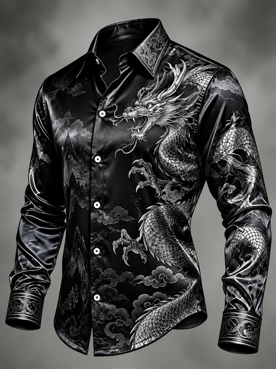 Breathable Silk Satin Abstract Dragon Art Long-Sleeve Casual Shirt