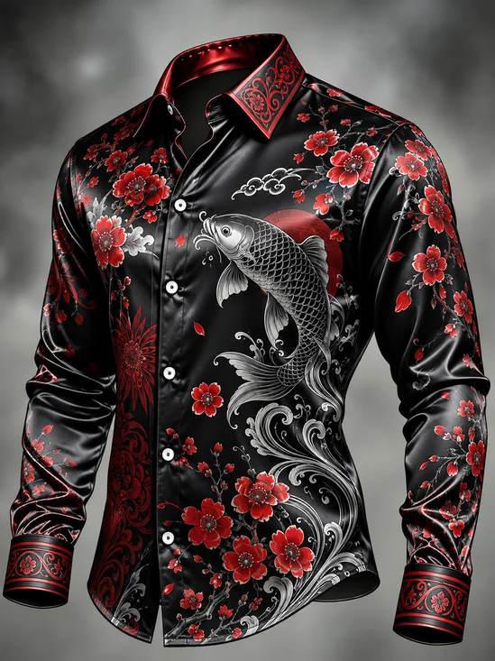 Breathable Silk Satin Botanical Cherry Blossom & Koi Design Casual Long Sleeve Shirt