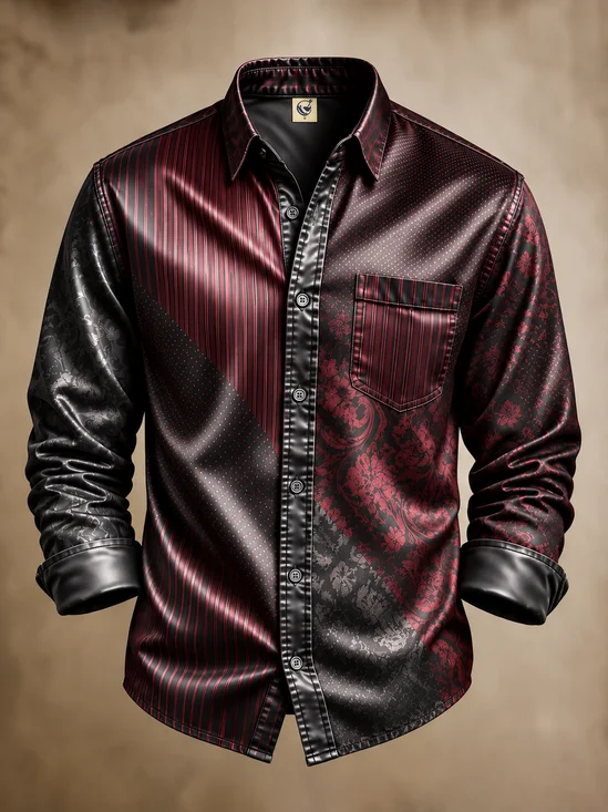 Breathable Silk Satin  Abstract Gradient Geometric Lines & Botanical Jacquard Pattern Casual Long-Sleeve Shirt