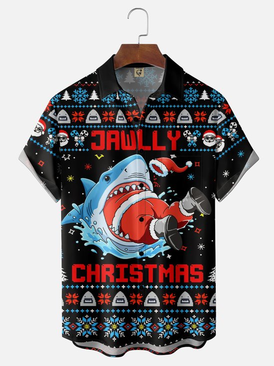 Moisture-Wicking Christmas  Santa Shark Snowflake  Christmas Tree Prints  Chest Pocket Hawaiian Shirt