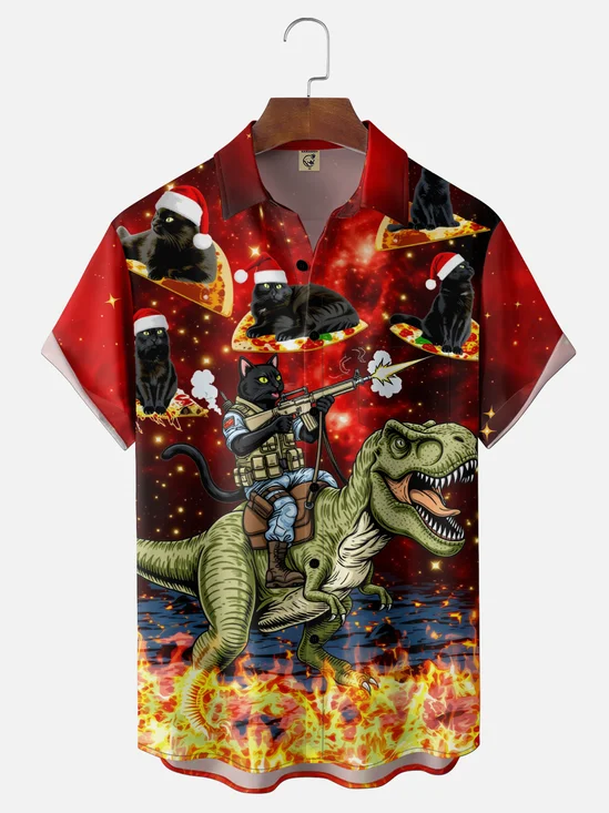 Moisture-Wicking  Fun Gradient Designs Christmas Black Cat In Santa Hat Pizza Dinosaur Train Snowflake  Chest Pocket Hawaiian Shirt