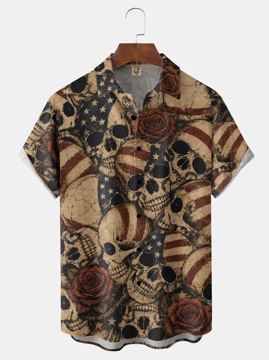 Hardaddy X Valentina Bjekovic Moisture-wicking Independent Day American Skull Rose Chest Pocket Patriotic Shirt