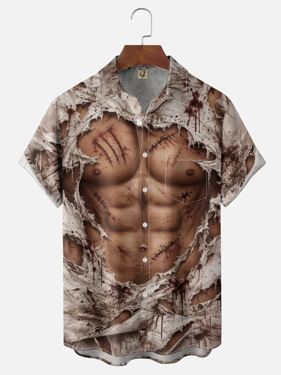 Moisture-Wicking Gradient Bloody Halloween Print  Chest Pocket Hawaiian Shirt