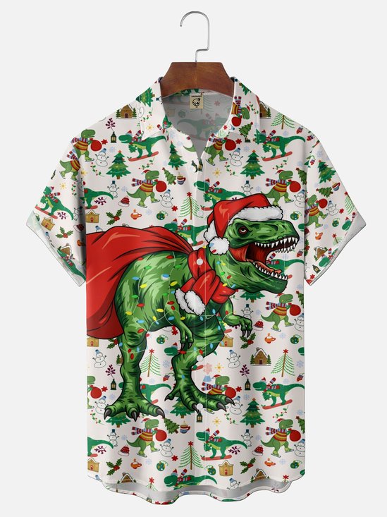 Moisture-Wicking Gradient Christmas Dinosaur In Santa Hat & Christmas Tree Print  Chest Pocket Hawaiian Shirt