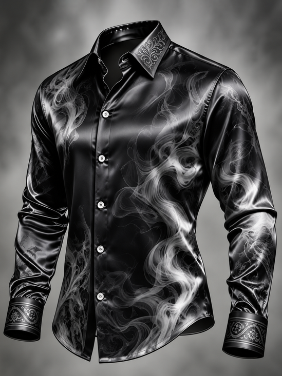Breathable Silk Satin Abstract Gradient Art  Long-Sleeve Casual Shirt
